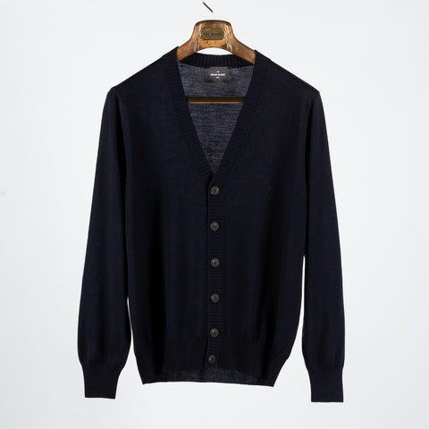 Gran Sasso Navy 6 Button Wool Cardigan - Wool, Merino, Ribbed, Made In Italy
