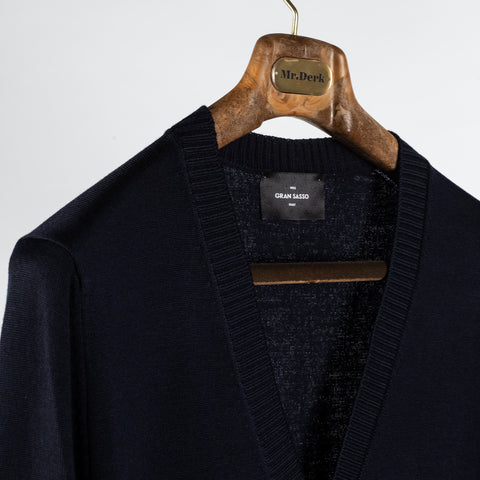 Gran Sasso Navy 6 Button Wool Cardigan - Wool, Merino, Ribbed, Made In Italy - Detail View