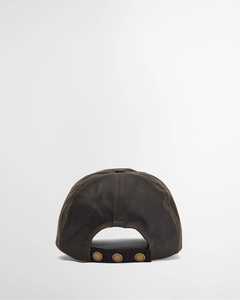 Barbour Olive Ashby Cap — back view showing adjustable corduroy backstrap and brass branded studs