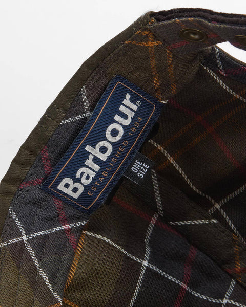 Barbour Olive Ashby Cap — interior showing Barbour Classic Tartan lining and one size label