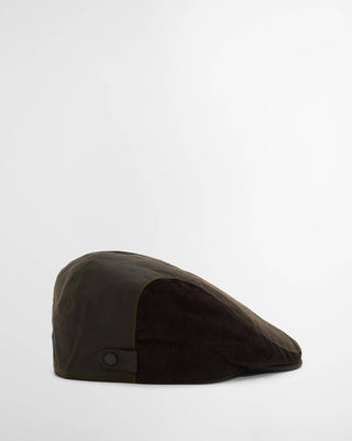 Barbour Ashby flat cap in olive waxed cotton, back view with the branded backstrap studs.