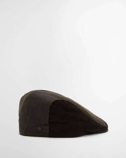 Barbour Ashby flat cap in olive waxed cotton, back view with the branded backstrap studs.