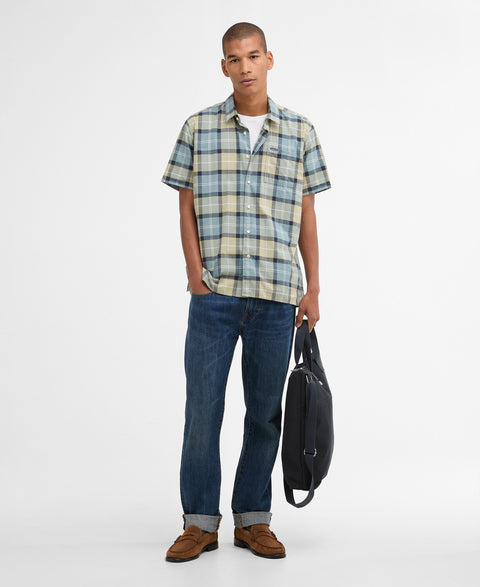Barbour Multi Check Gordon Short Sleeved Shirt - Red, Cotton, Denim, Tailored Fit - Alternate View