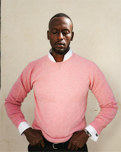 Harley of Scotland Sakura Shaggy crew neck sweater in pink layered over a white shirt