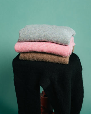 Stack of Harley of Scotland Shaggy knits with the Herdwick grey melange crew neck on top