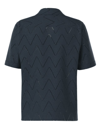 Strellson Navy Knit Button Up Camp Collar Shirt - Cotton, Denim, Polyester, Regular Fit, Textured - View 6
