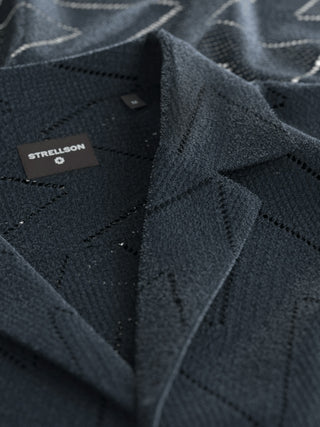 Strellson Navy Knit Button Up Camp Collar Shirt - Cotton, Denim, Polyester, Regular Fit, Textured - Alternate View