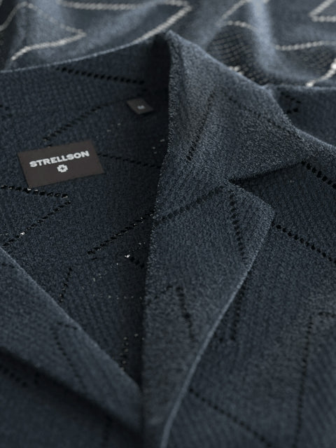 Strellson Navy Knit Button Up Camp Collar Shirt - Cotton, Denim, Polyester, Regular Fit, Textured - Alternate View