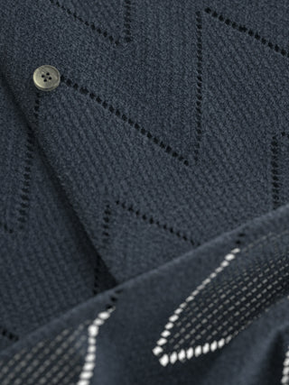 Strellson Navy Knit Button Up Camp Collar Shirt - Cotton, Denim, Polyester, Regular Fit, Textured - Back View
