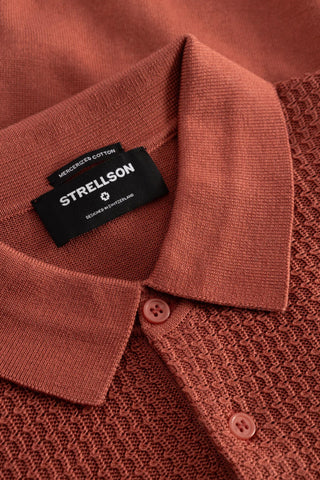 Strellson Textured Red Knit Polo - Tan, Cotton, Regular Fit - Detail View