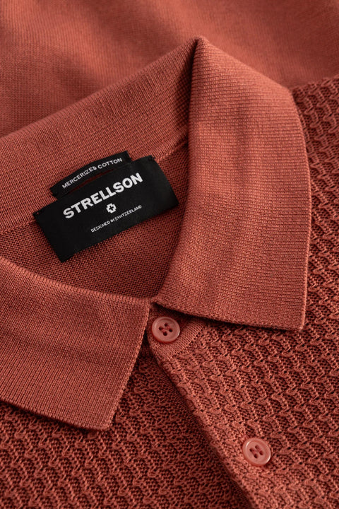 Strellson Textured Red Knit Polo - Tan, Cotton, Regular Fit - Detail View