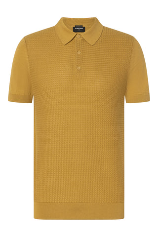 Strellson Textured Mustard Yellow Knit Polo - Cotton, Regular Fit
