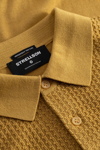 Strellson Textured Mustard Yellow Knit Polo - Cotton, Regular Fit - Detail View