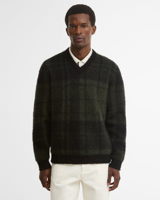 Barbour Black Tartan Hunham Knit worn by a model.