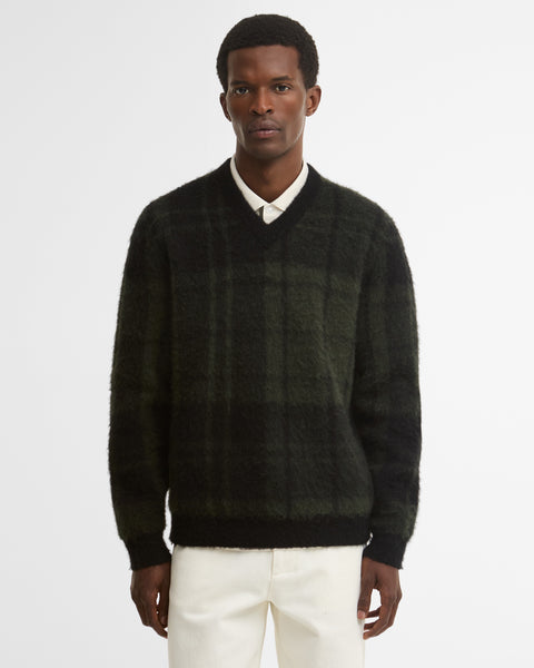 Barbour Black Tartan Hunham Knit worn by a model.