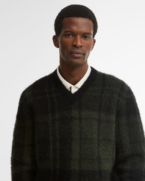 Fabric and trim detail on the Barbour Black Tartan Hunham Knit.