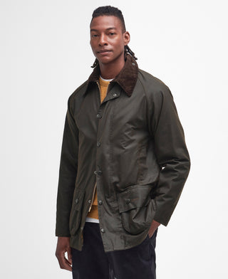 Barbour Olive Classic Beaufort Wax Jacket worn by a model.