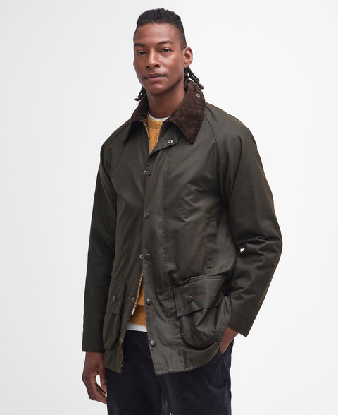 Barbour Olive Classic Beaufort Wax Jacket worn by a model.