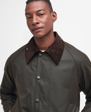 Fabric and trim detail on the Barbour Olive Classic Beaufort Wax Jacket.