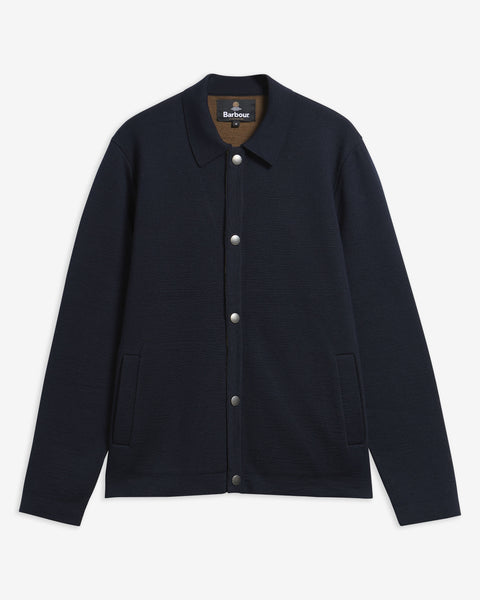 Barbour Navy Florcombe Knit Cardigan shown on a white background, front view.
