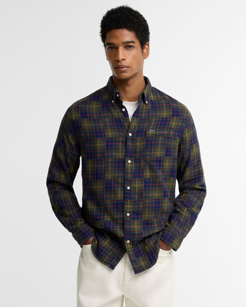 Barbour Tartan Sault Button Down Shirt worn by a model.