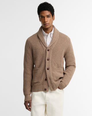 Barbour Stone Hartland Knit worn by a model.