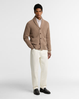 Barbour Stone Hartland Knit worn by a model, full length view.
