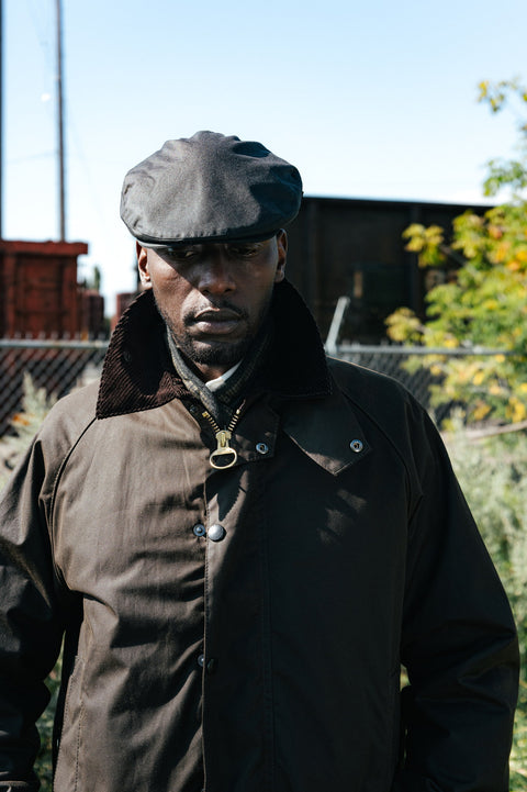 Barbour Olive Classic Bedale wax jacket styled on model, full length