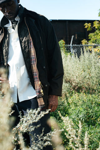 Barbour Olive Classic Bedale wax jacket styled on model, detail view