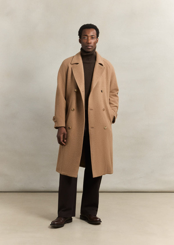 Camel Grandad Coat Ratine Wool
