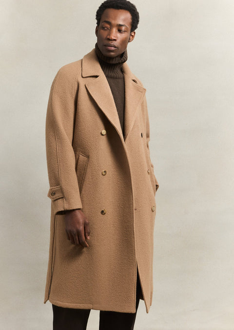 De Bonne Facture Camel Grandad Coat, three quarter view showing the double breasted front and raglan sleeve