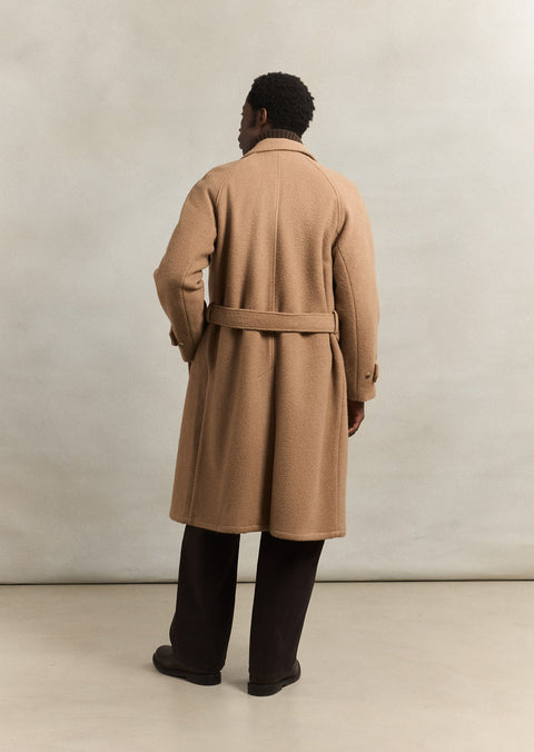 De Bonne Facture Camel Grandad Coat, back view with the belt