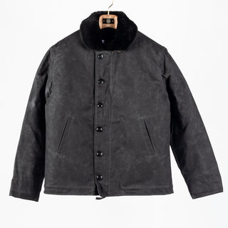 Black/Black waxed canvas N-1 Deck Jacket with black mouton collar, front
