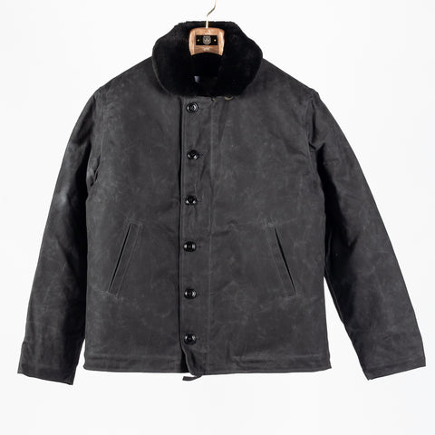 Black/Black waxed canvas N-1 Deck Jacket with black mouton collar, front