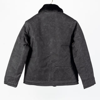 Black/Black waxed canvas N-1 Deck Jacket with black mouton collar, back