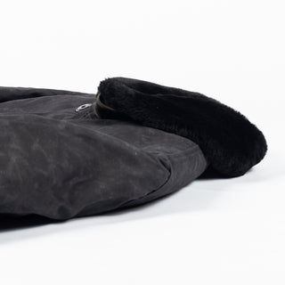 Black/Black waxed canvas N-1 Deck Jacket with black mouton collar, collar detail