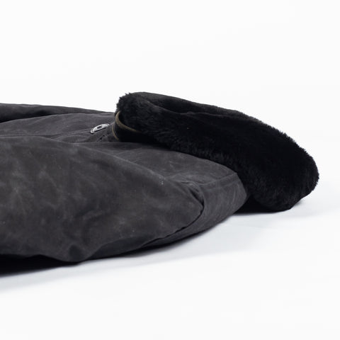 Black/Black waxed canvas N-1 Deck Jacket with black mouton collar, collar detail