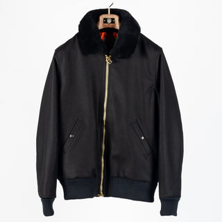 Black melton wool Flyer's Club Jacket with black mouton collar, front
