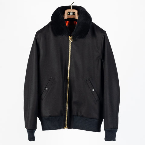 Black melton wool Flyer's Club Jacket with black mouton collar, front