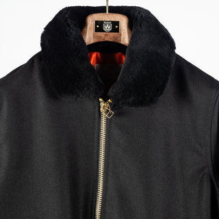 Black melton wool Flyer's Club Jacket with black mouton collar, mouton collar and zipper