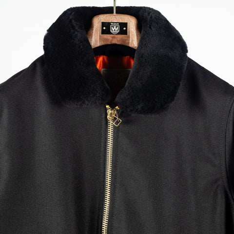 Black melton wool Flyer's Club Jacket with black mouton collar, mouton collar and zipper