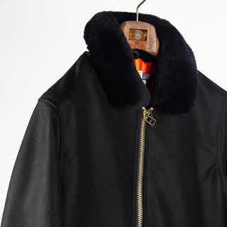 Black melton wool Flyer's Club Jacket with black mouton collar, collar and shoulder, orange lining at the neck