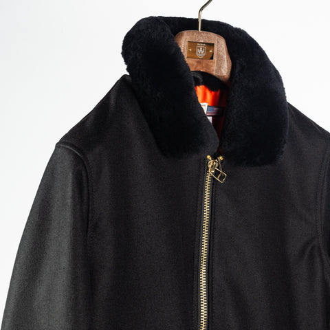 Black melton wool Flyer's Club Jacket with black mouton collar, collar and shoulder, orange lining at the neck