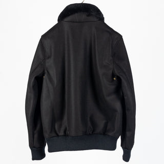 Black melton wool Flyer's Club Jacket with black mouton collar, back