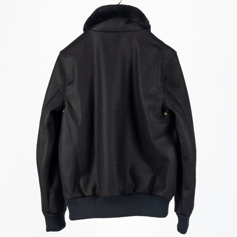 Black melton wool Flyer's Club Jacket with black mouton collar, back