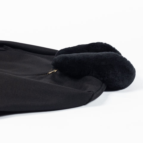 Black melton wool Flyer's Club Jacket with black mouton collar, collar detail