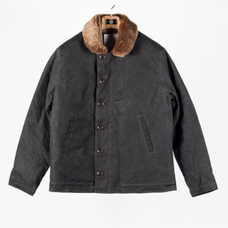 Black/Kodiak waxed canvas N-1 Deck Jacket with brown Kodiak mouton collar, front