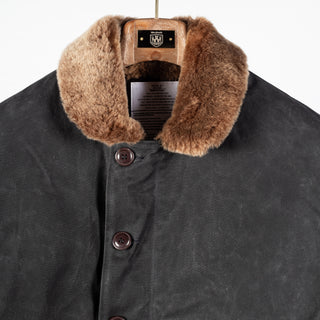 Black/Kodiak waxed canvas N-1 Deck Jacket with brown Kodiak mouton collar, Kodiak mouton collar and label