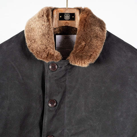 Black/Kodiak waxed canvas N-1 Deck Jacket with brown Kodiak mouton collar, Kodiak mouton collar and label