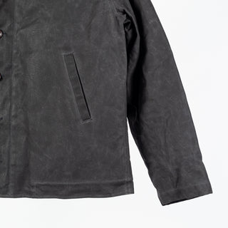 Black/Kodiak waxed canvas N-1 Deck Jacket with brown Kodiak mouton collar, welt pocket and sleeve